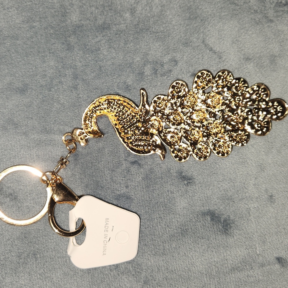 MultiColor Peacock with Gold Accents Bag Charm Keychain - Picture 3 of 4
